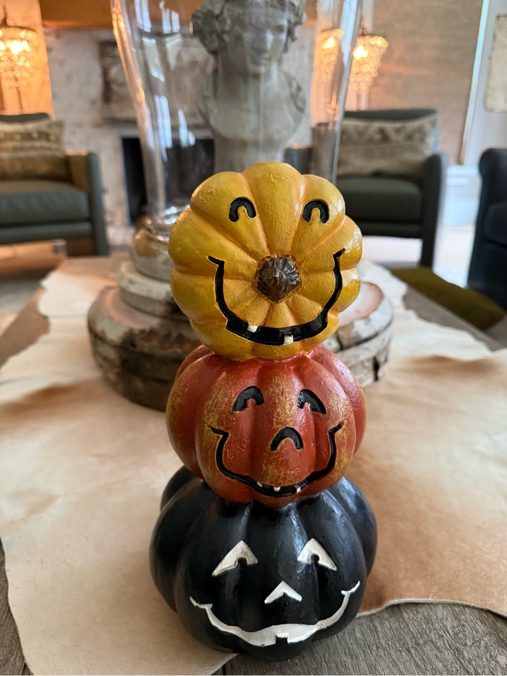 Stacked Pumpkin Smiles Halloween Table Accent - Yellow, Orange, Black